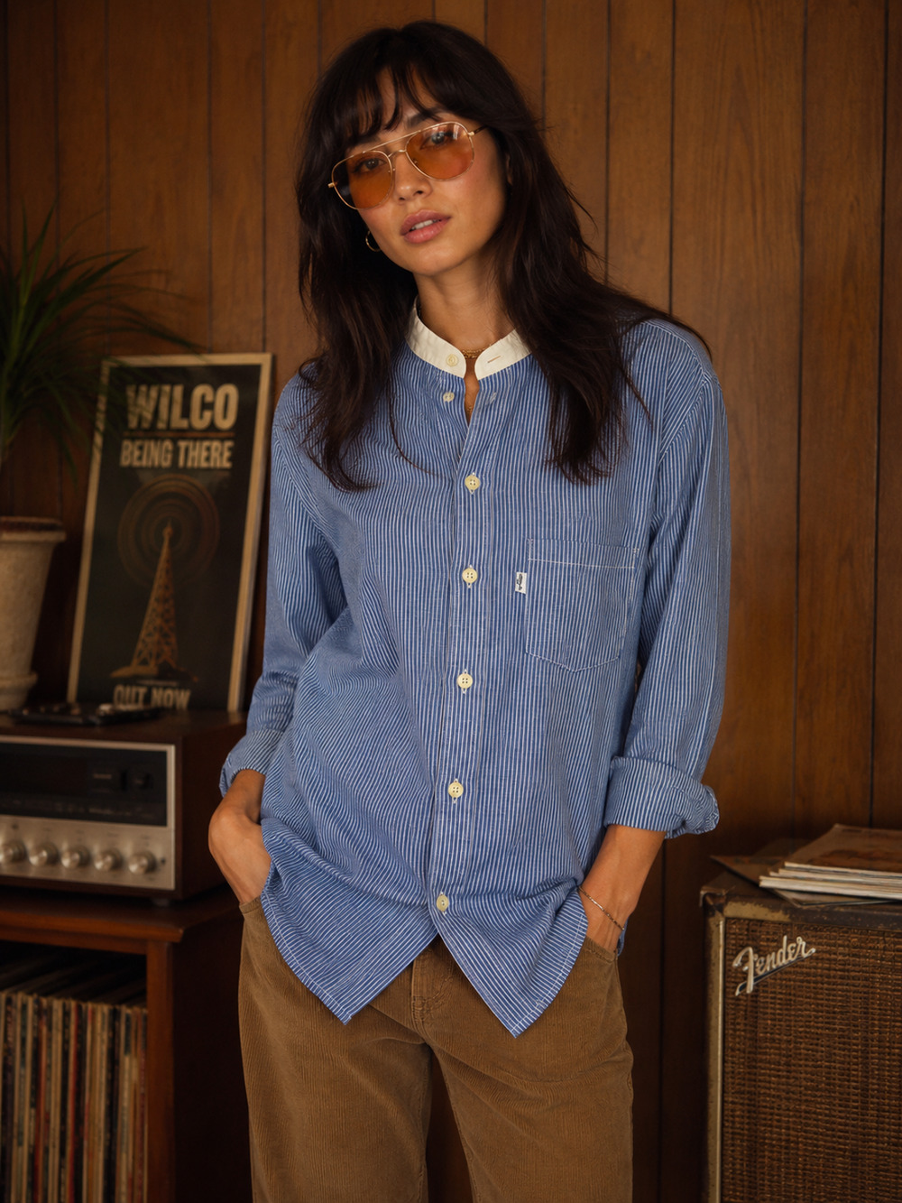Womens Vintage 70s Levis Blue Striped White Collar Western Boho Shirt Medium